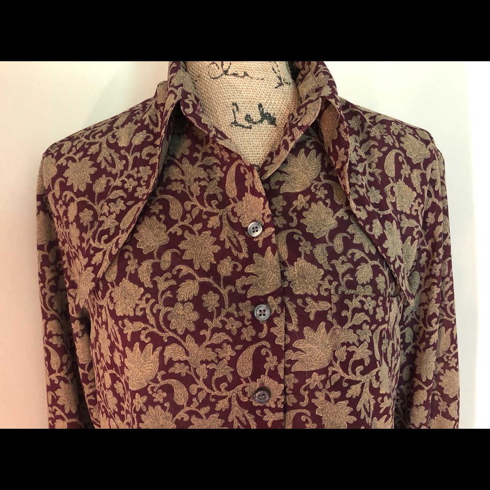 Vtg Button Front Blouse Pointed Long Lapels Sz 8